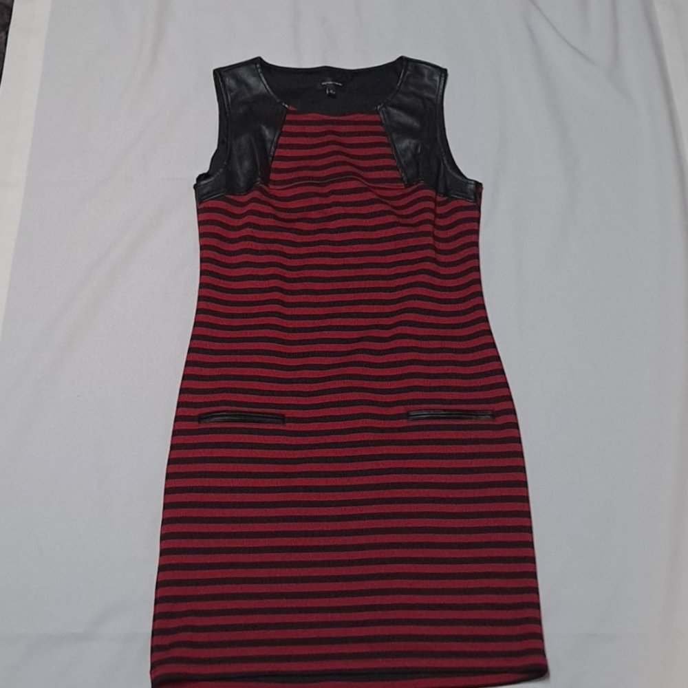 Spense Jersey Knit Fitted Striped Sheath Dress Faux Leather Accents Grunge Punk